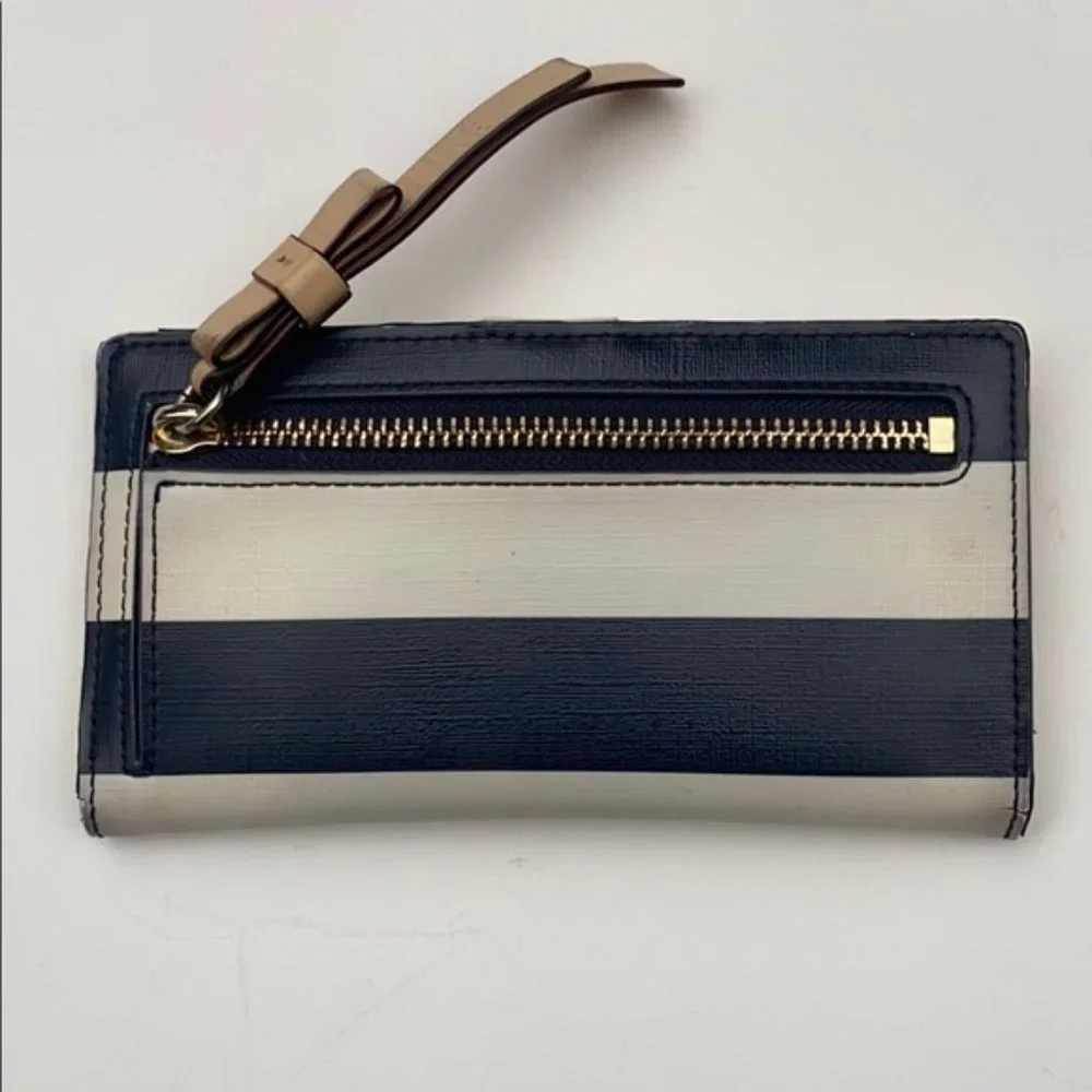 Kate Spade Cameron Slim Bifold wallet Bone Navy Stripe